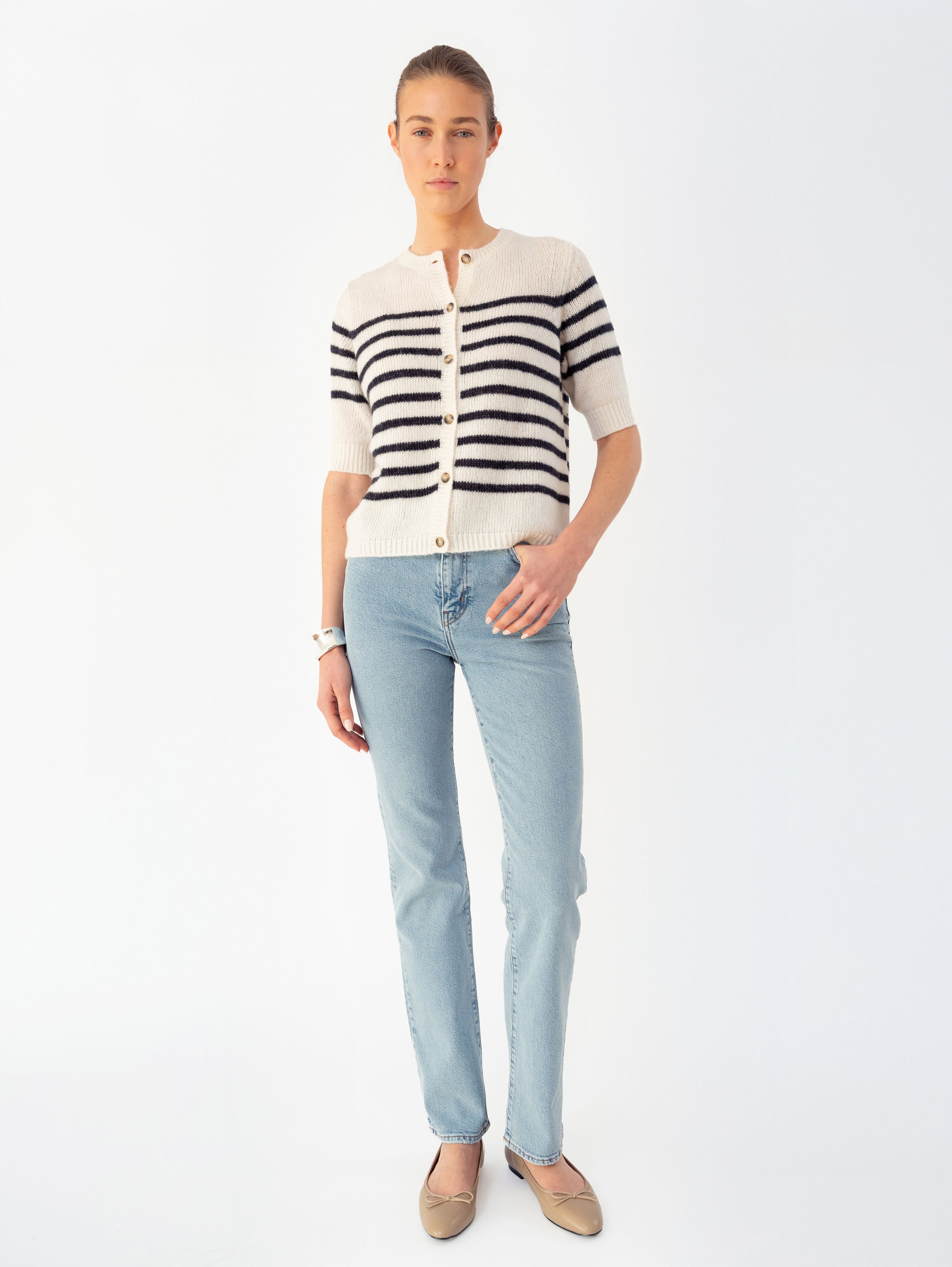 LOUISE CARDIGAN IN CREAMCHEESE / DARK BLUE