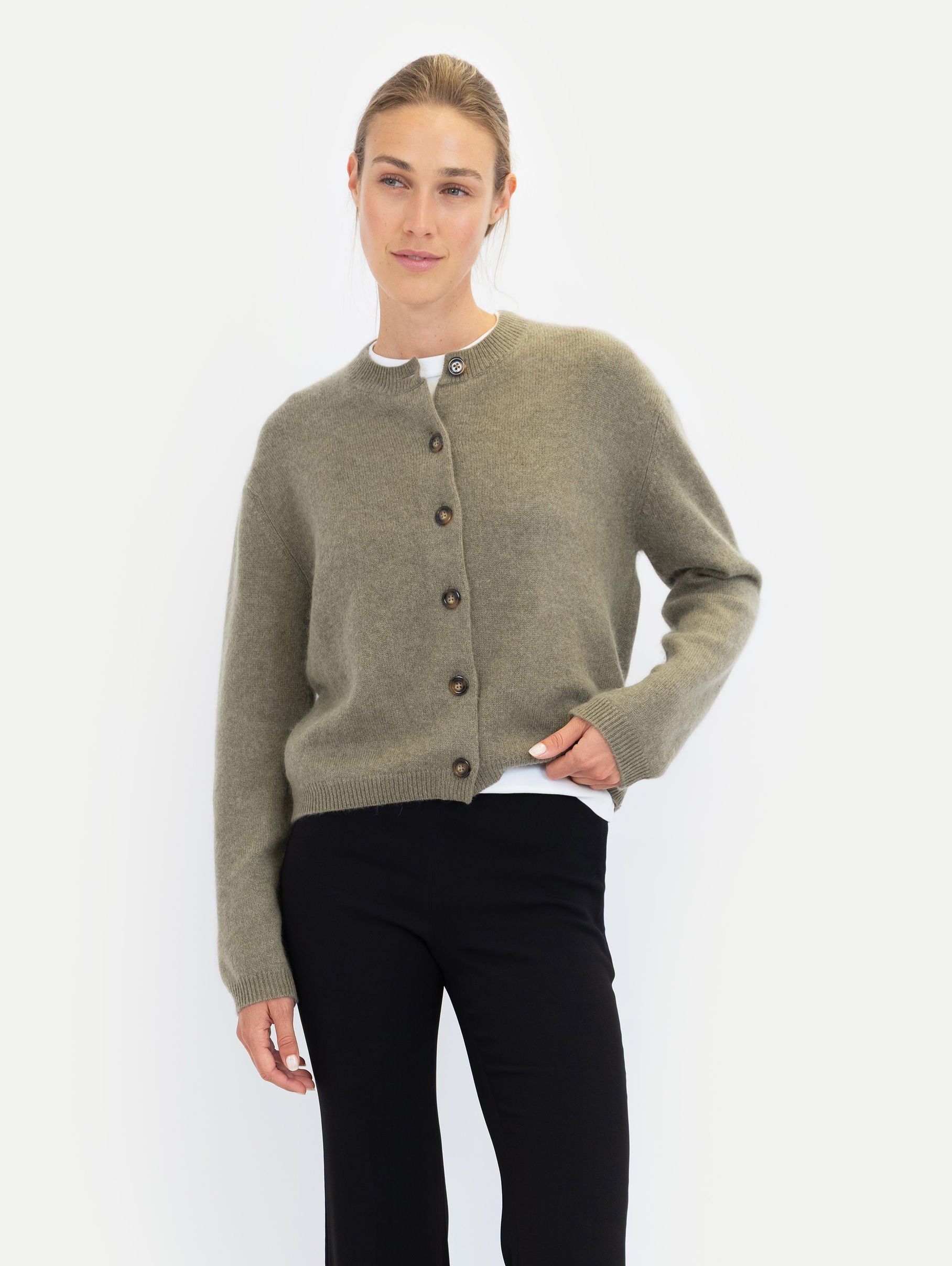 EMILIA BRUSHED CARDIGAN IN BREEN