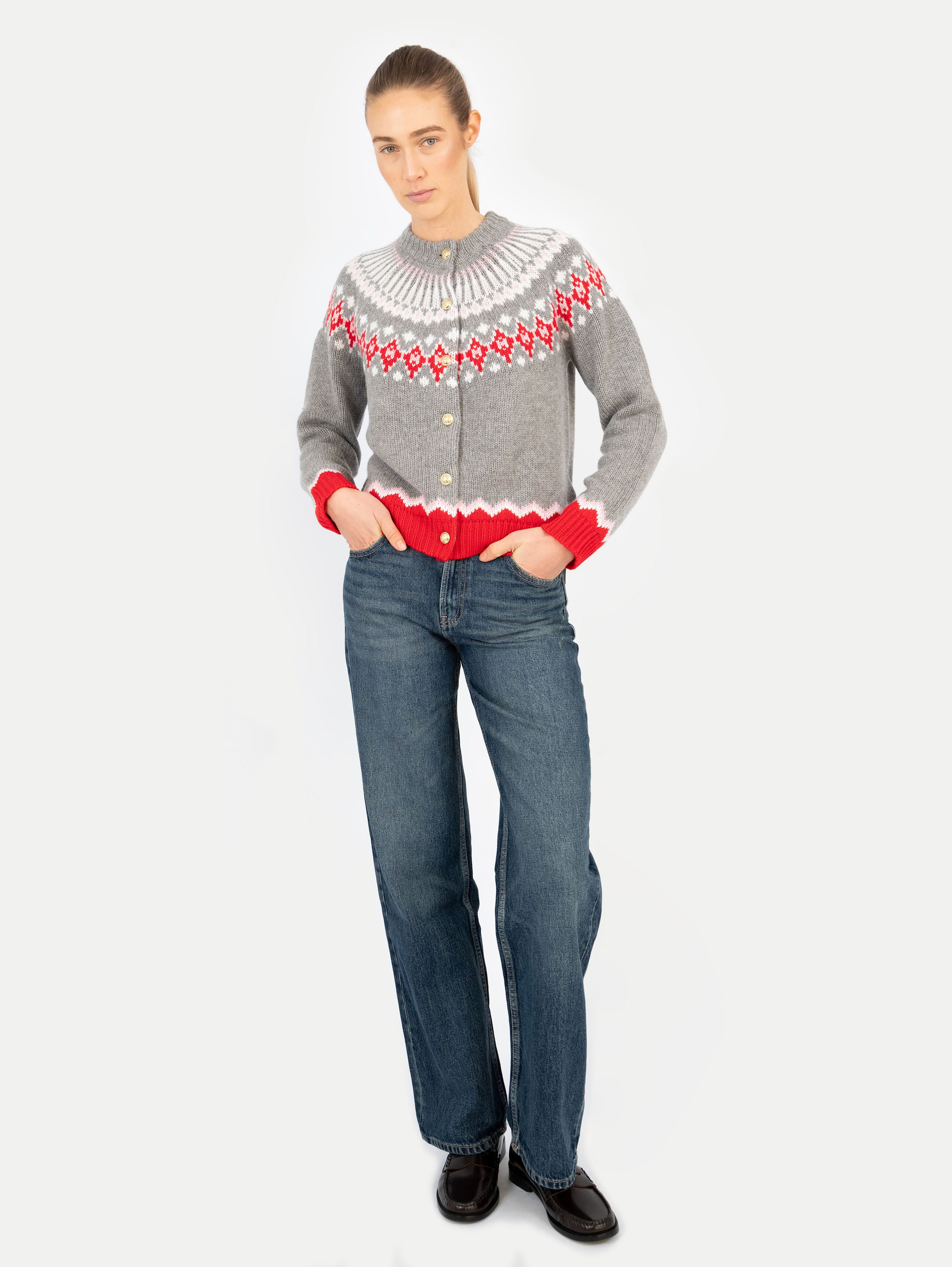 LAURA FAIR ISLE CARDIGAN IN SALT GREY