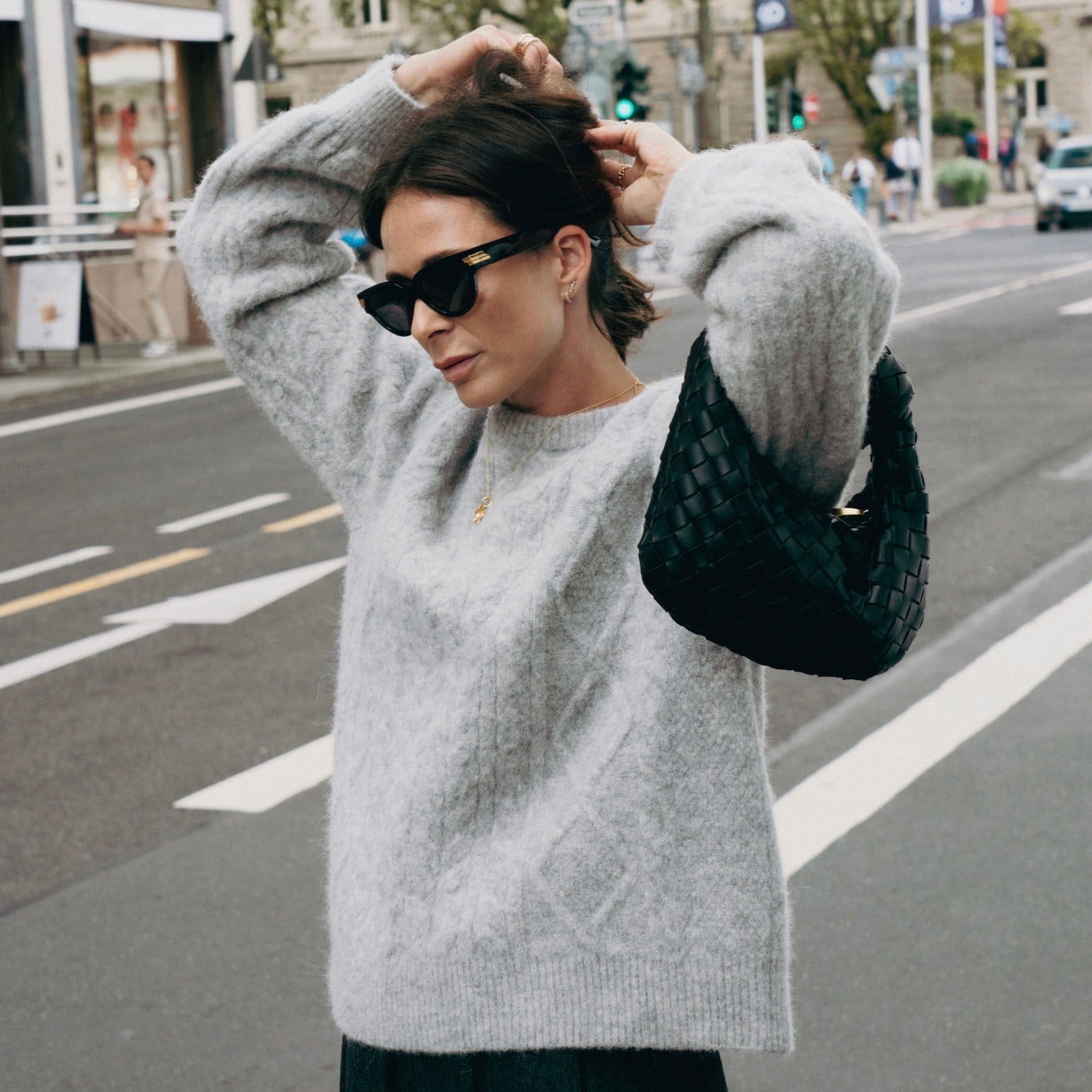 PATRICIA CABLE SWEATER IN GREY MARBLE