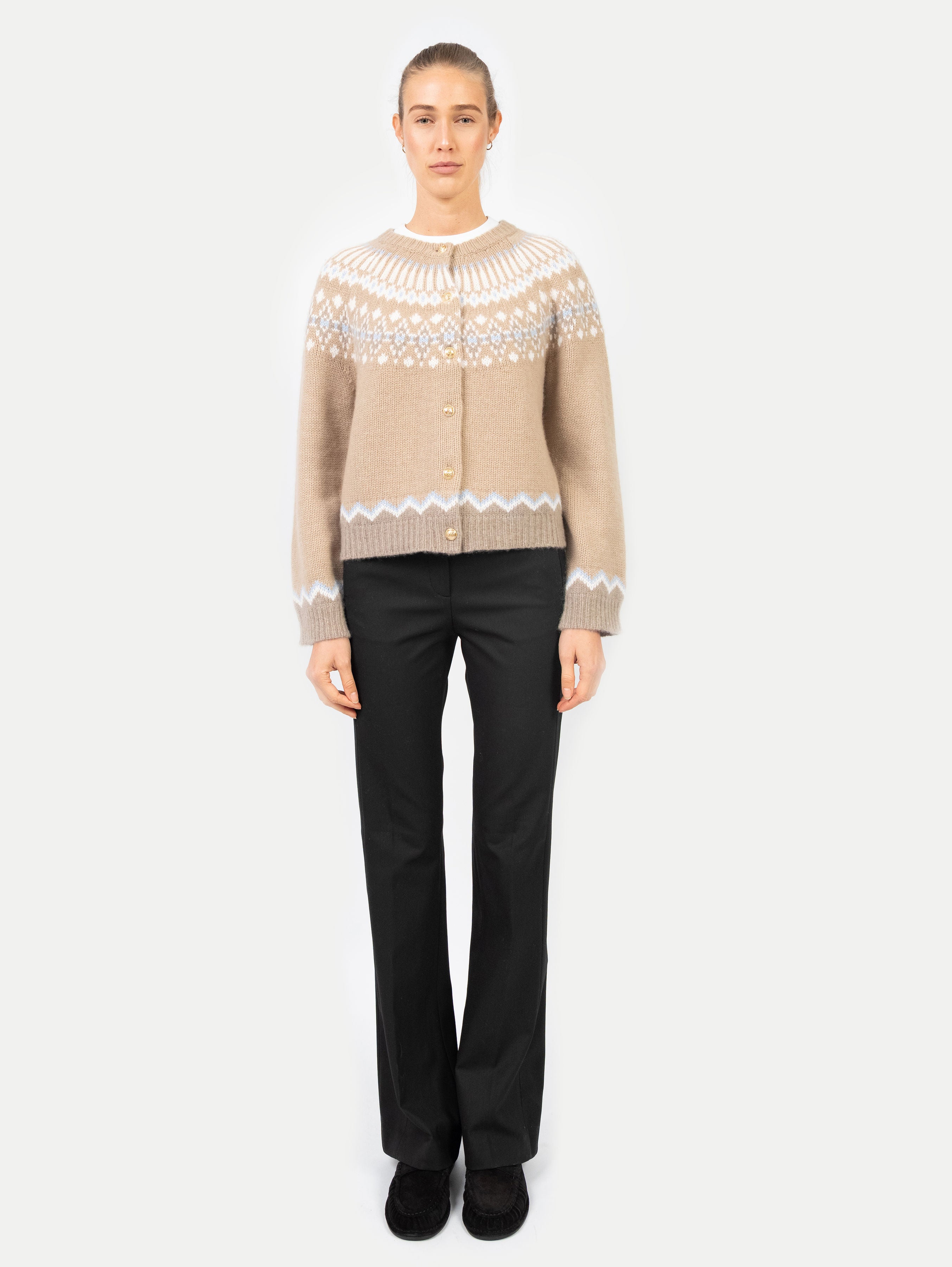 LAURA FAIR ISLE CARDIGAN IN TOAST