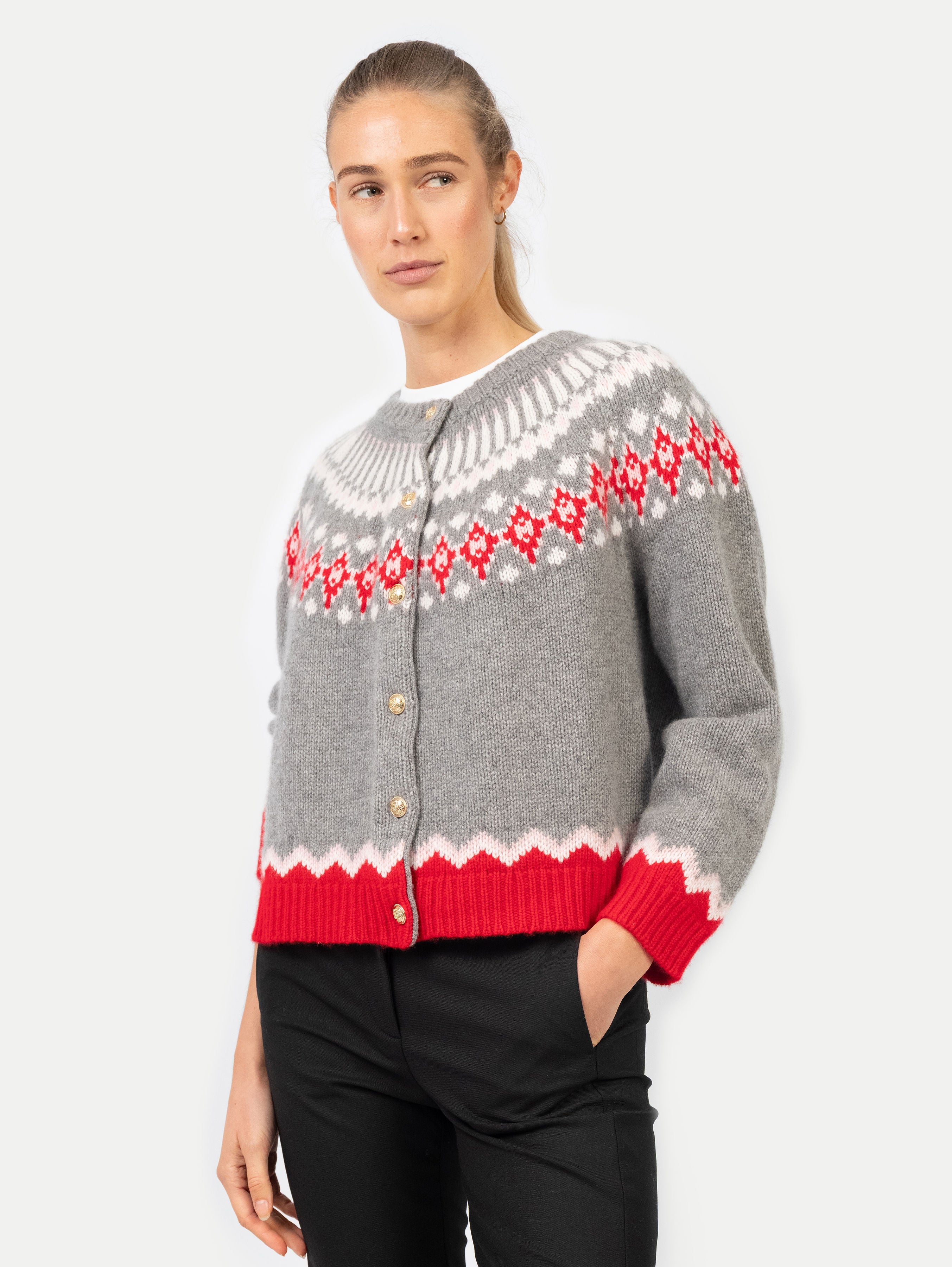 LAURA FAIR ISLE CARDIGAN IN SALT GREY