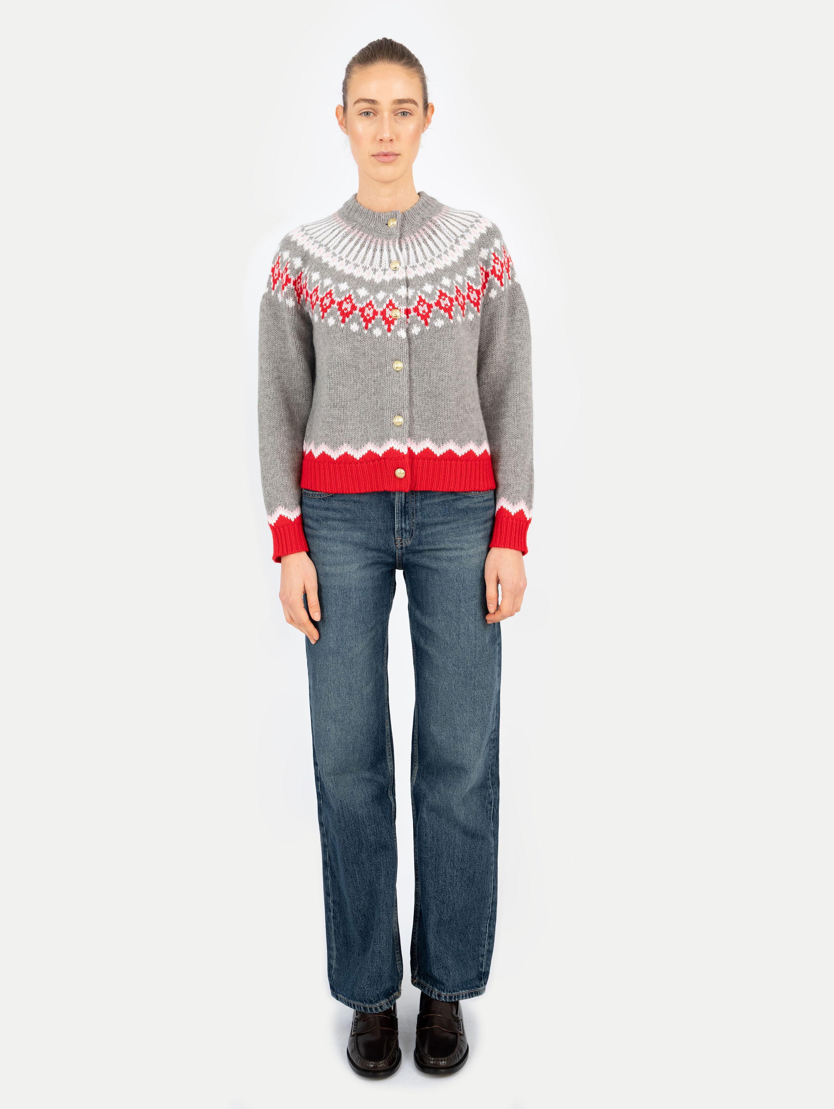 LAURA FAIR ISLE CARDIGAN IN SALT GREY