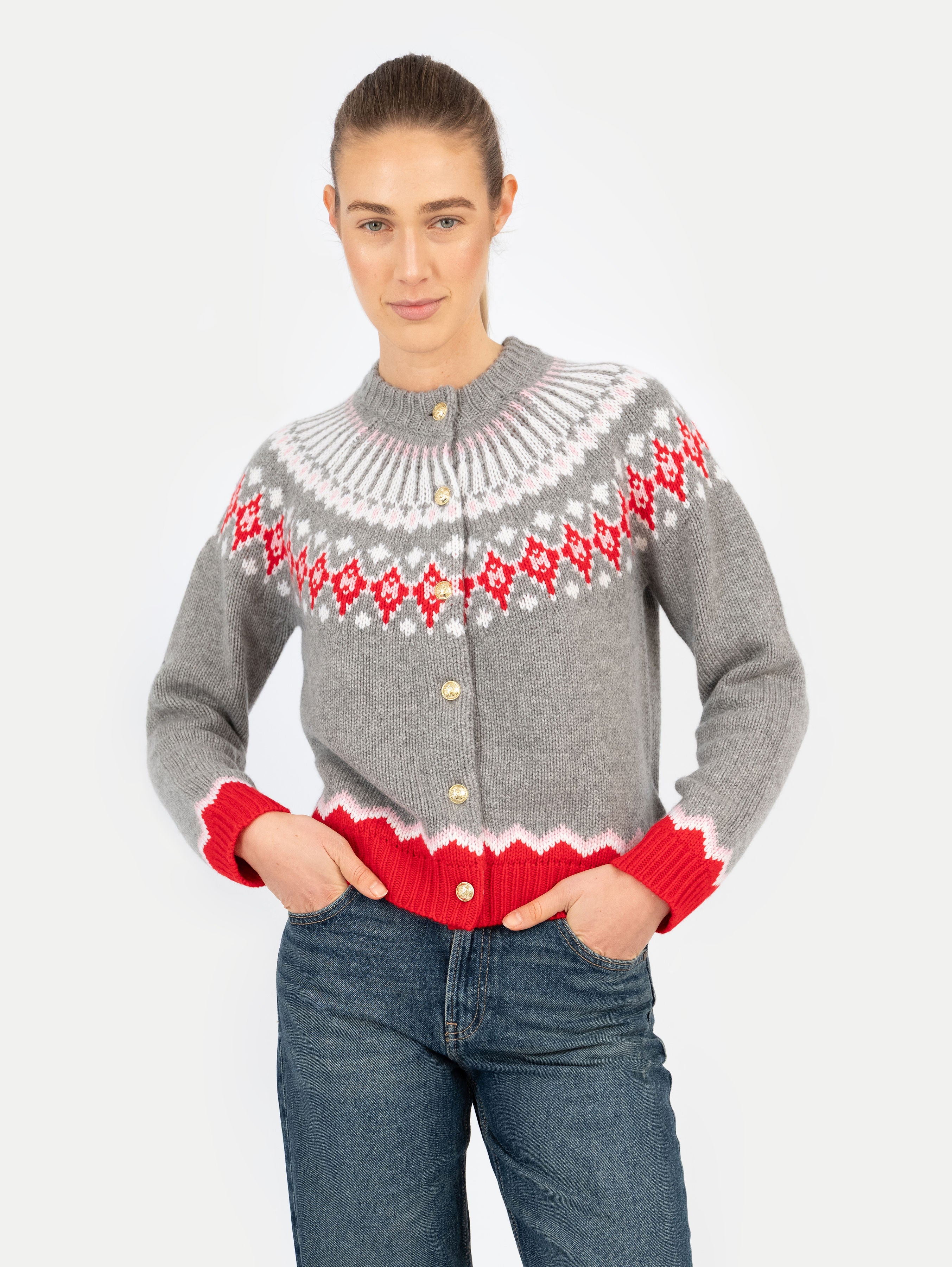 LAURA FAIR ISLE CARDIGAN IN SALT GREY